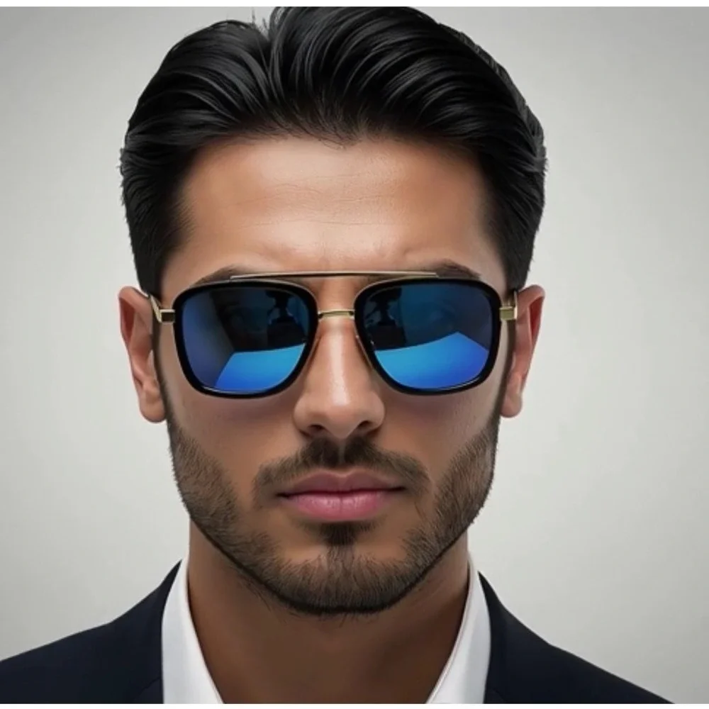 Sunglasses Men Blue Mirror Lens Outdoor Driving Shades Gold Metal Luxury‎ Design